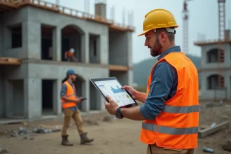 Chef de chantier consultant un tableau de bord de gestion BTP sur tablette numérique au milieu d'un chantier de construction actif