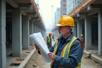 Chef de chantier BTP en veste de travail étudiant des plans sur un chantier de construction avec échafaudages et colonnes en béton