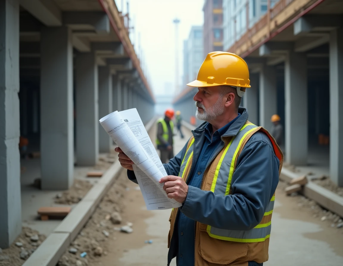 Chef de chantier BTP en veste de travail étudiant des plans sur un chantier de construction avec échafaudages et colonnes en béton