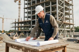 Chef de projet de Munilla Construction Management sur un chantier avec grues et structure métallique en arrière-plan