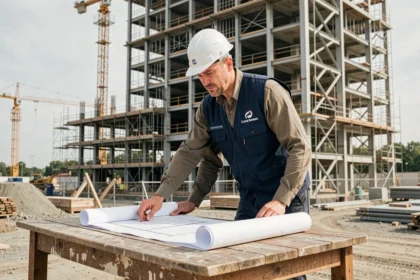 Chef de projet de Munilla Construction Management sur un chantier avec grues et structure métallique en arrière-plan