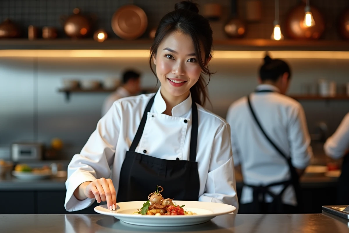 Cheffe cuisinière en brigade hôtelière dressant une assiette gastronomique dans une cuisine professionnelle, représentant les métiers bien rémunérés de la restauration hôtelière