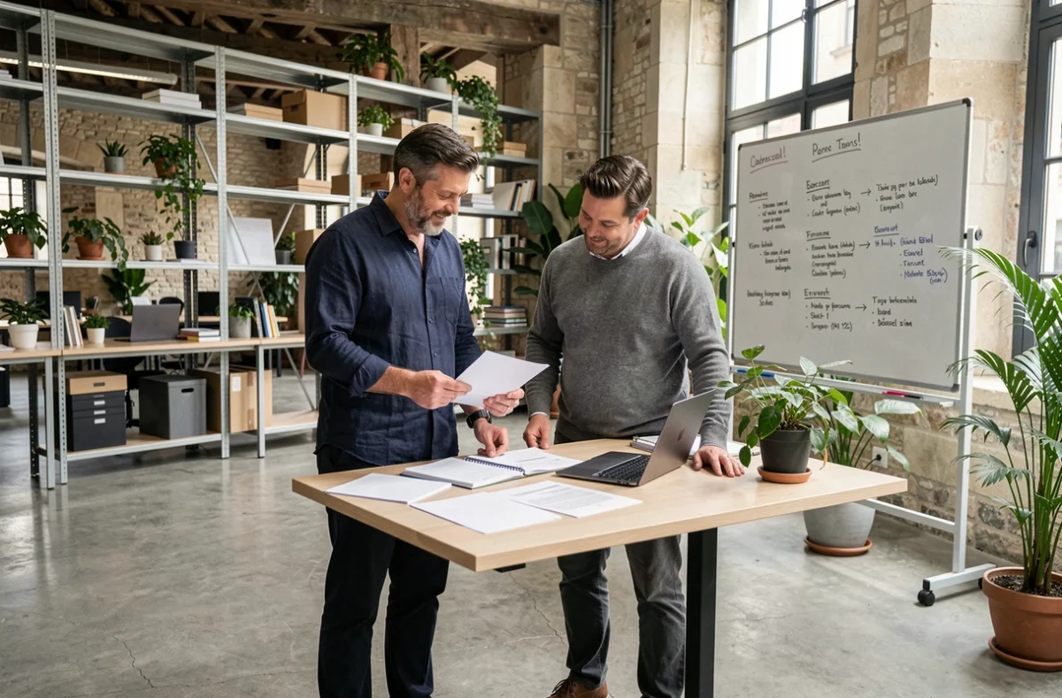 Deux hommes collaborant autour d'un bureau debout dans un espace de coworking moderne au cœur de Beaune