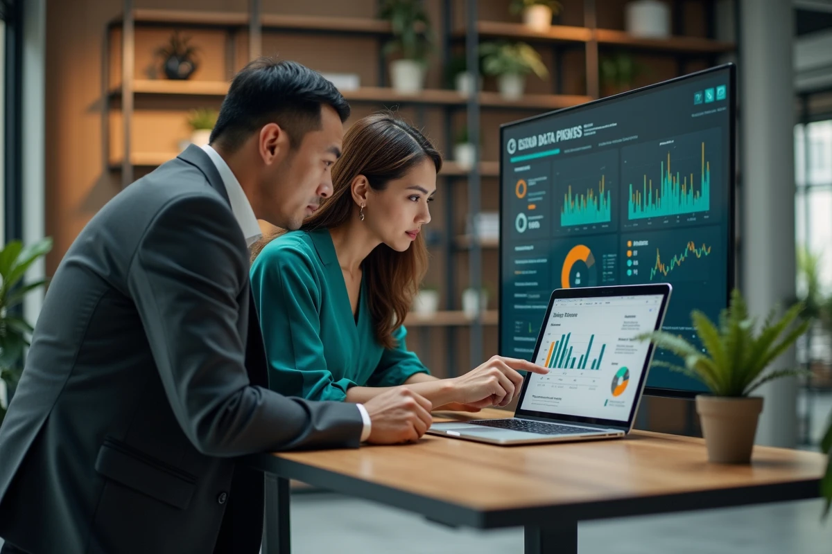 Deux professionnels collaborant sur un tableau de bord de pipeline de données reliant un CRM à d'autres systèmes SI dans un espace de coworking