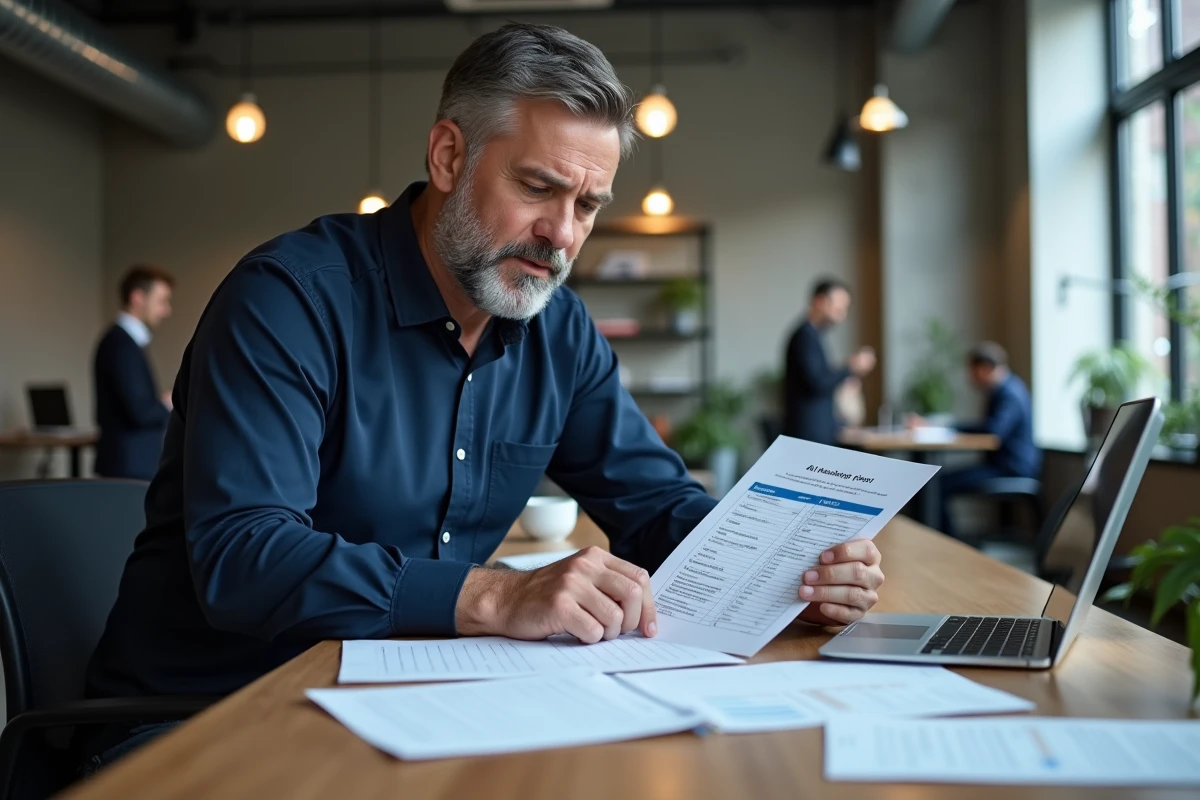 Professionnel du marketing comparant les niveaux de service client des outils IA dans un open space