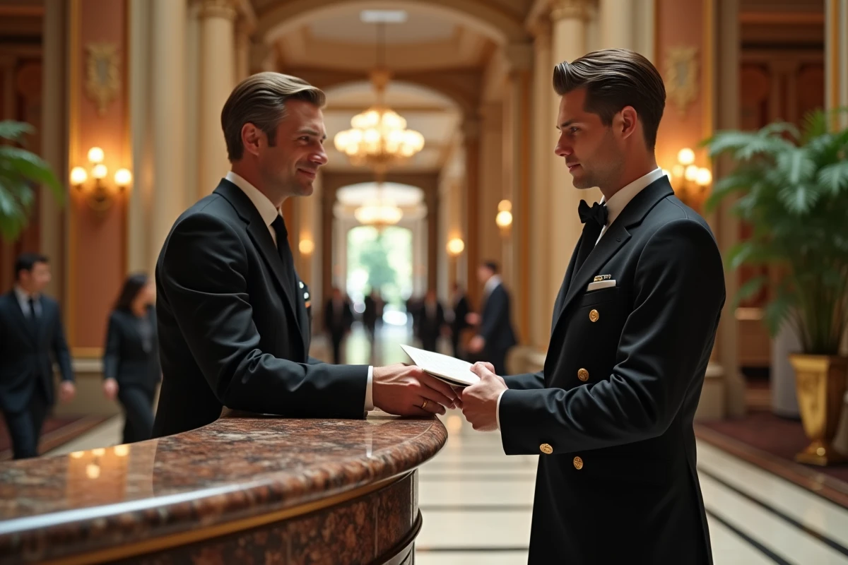 Concierge en uniforme dans le hall d'un grand hôtel remettant une carte à un client, illustrant les salaires et métiers prisés du secteur hôtelier en 2026