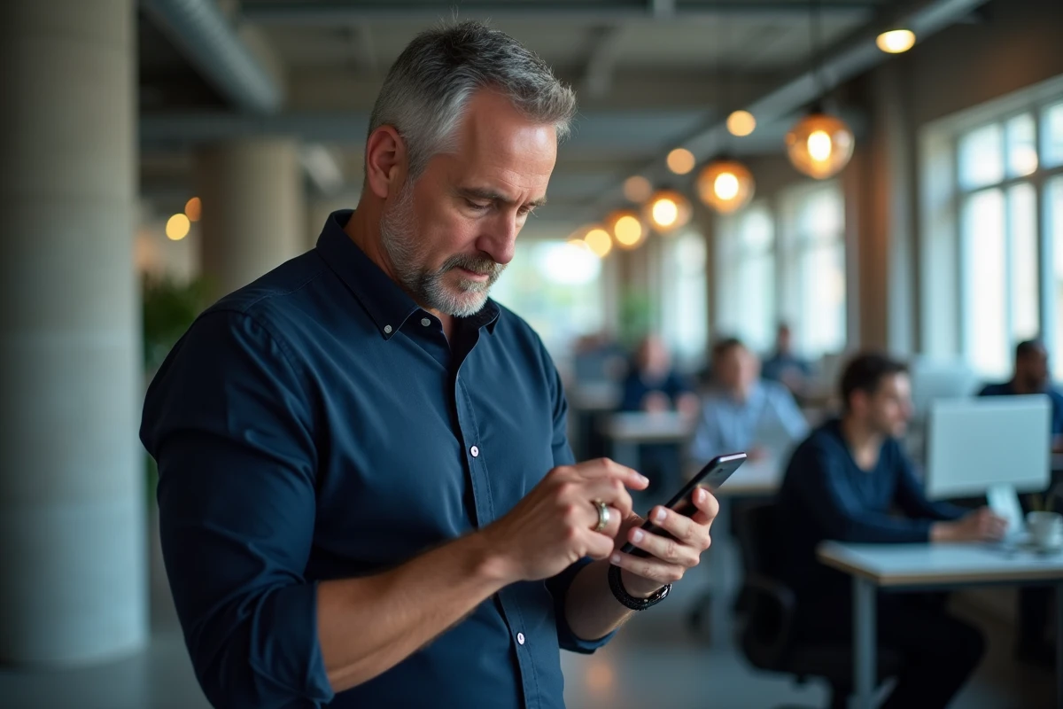 Homme consultant et configurant les paramètres de notification myPrimobox sur smartphone dans un bureau en open space