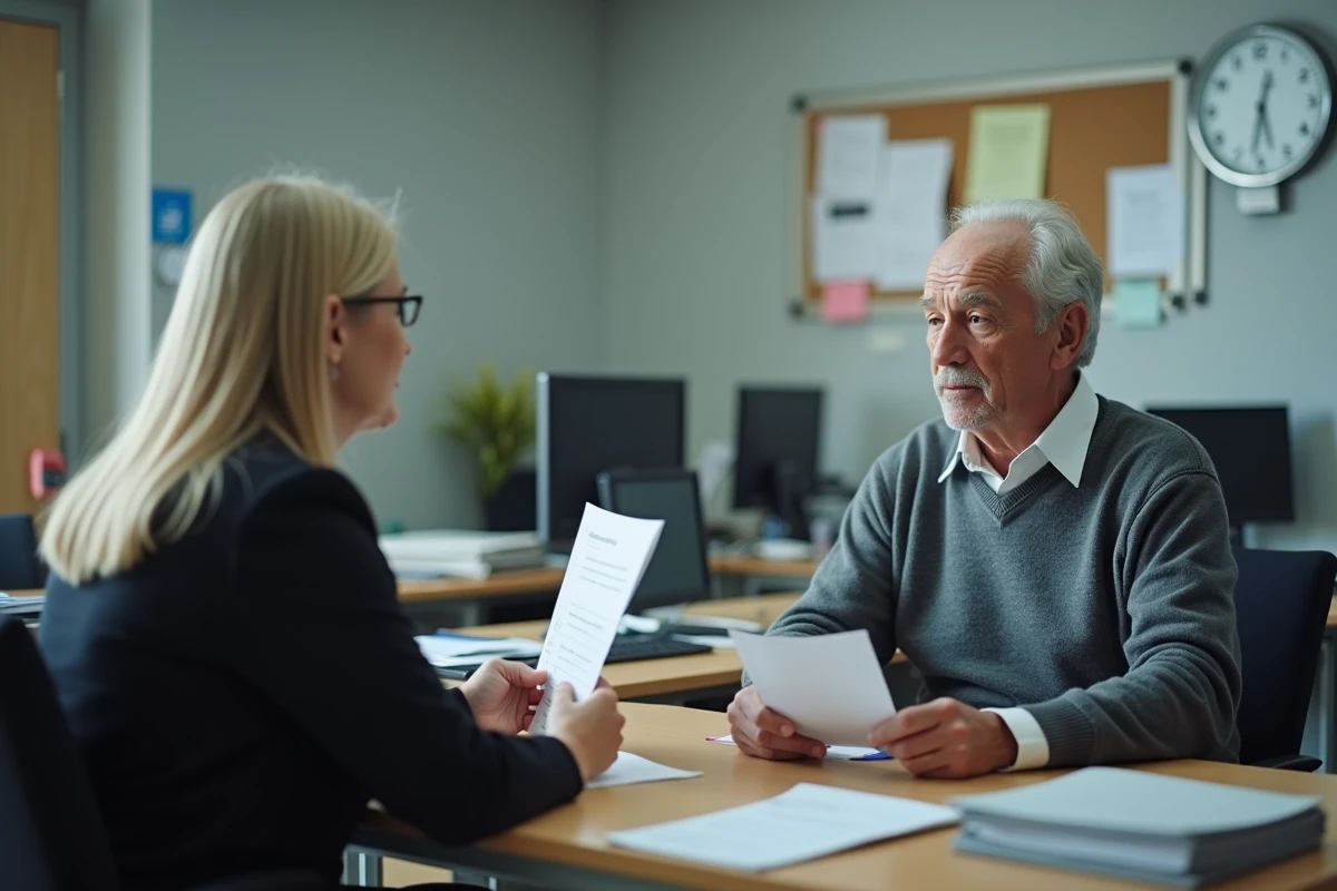 Homme en rendez-vous avec un conseiller pour comprendre les aides ASP, ASPA et allocation de solidarité spécifique