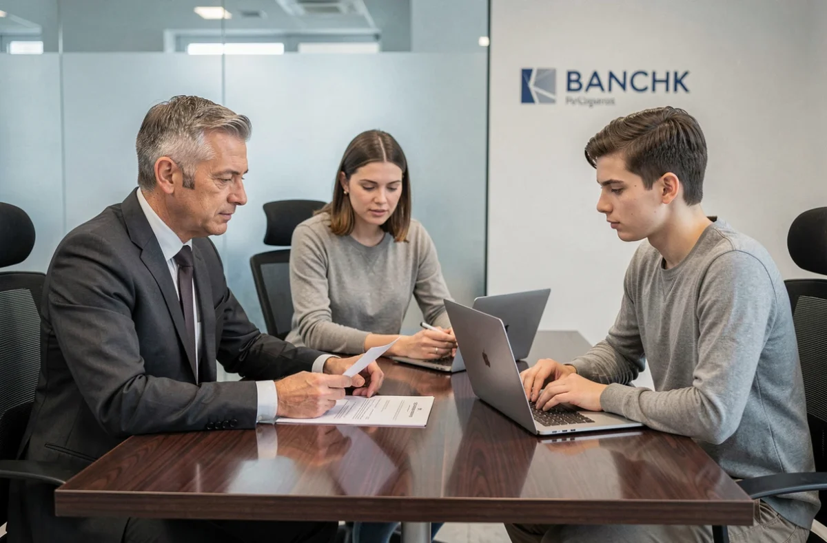Conseiller bancaire et couple de clients qui examinent une check-list de documents lors d'un rendez-vous dans une agence bancaire
