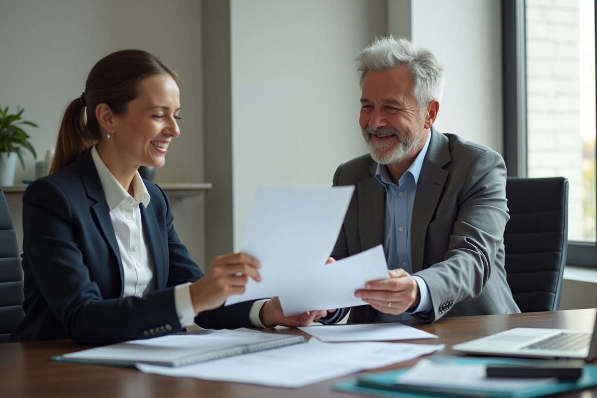 Conseiller financier remettant documents à un client souriant