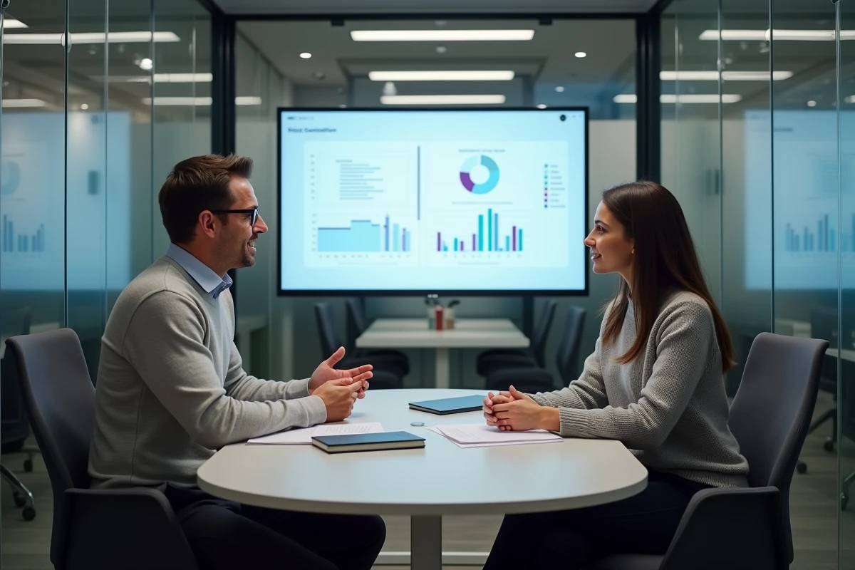 Consultant RH masculin présentant une comparaison de solutions de bureau RH sur écran à une collègue dans un espace de travail moderne