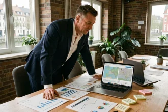 Consultant SEO alsacien analysant des rapports de référencement local sur un bureau dans un co-working de Strasbourg