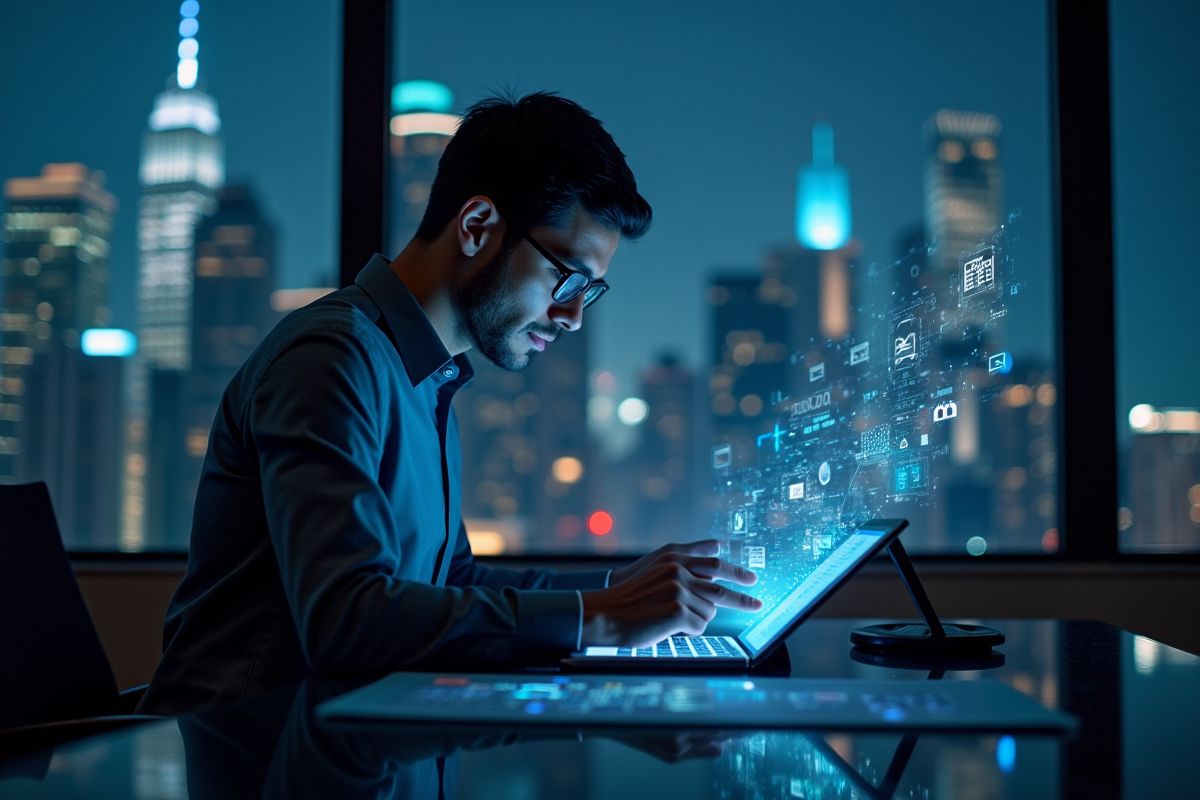 Consultant travaillant tard sur une tablette dans un bureau lumineux