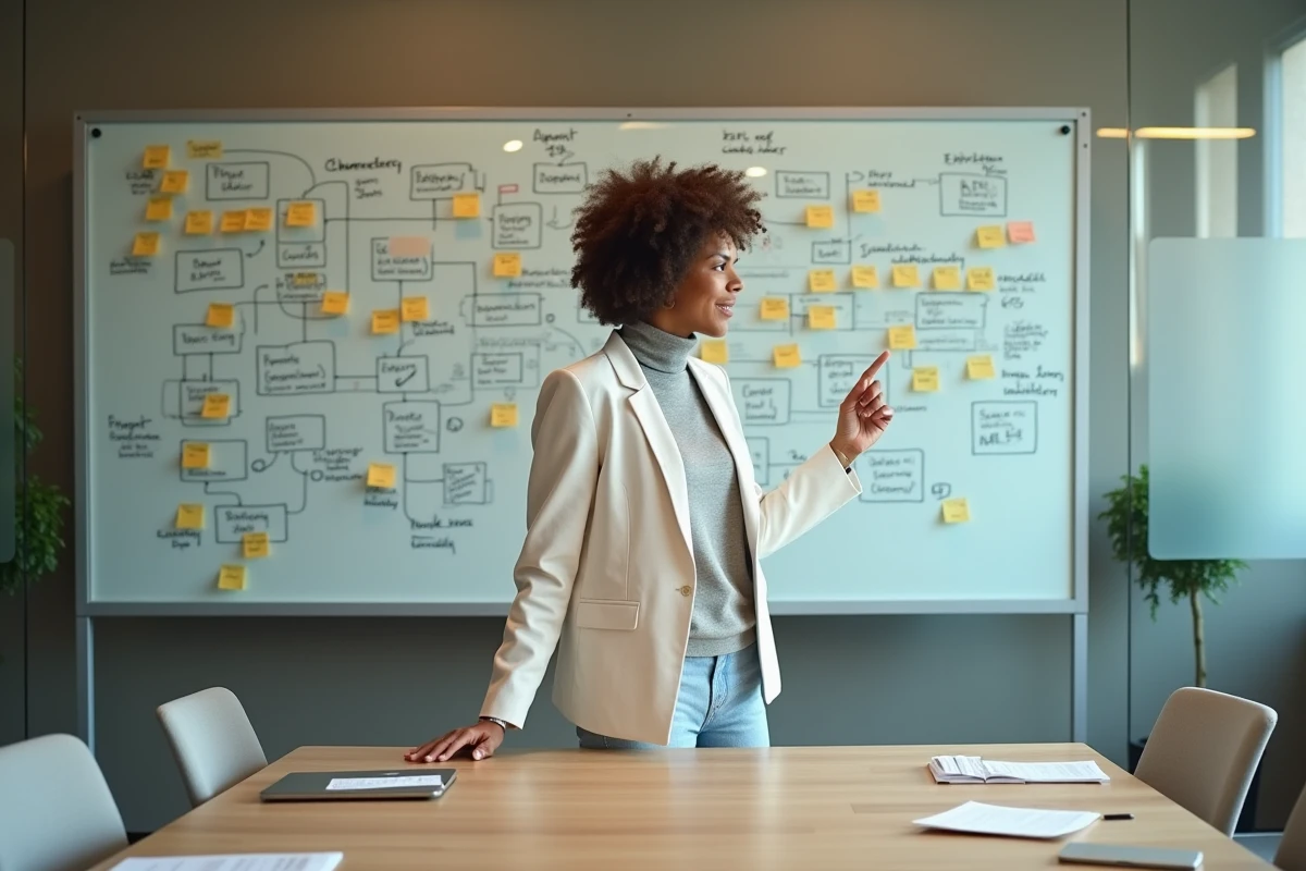 Consultante présentant une architecture d'intégration SI et CRM sur un tableau blanc collaboratif en salle de réunion