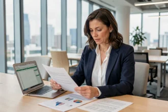 Consultante en portage salarial analysant des documents financiers sur les frais de gestion dans un bureau moderne