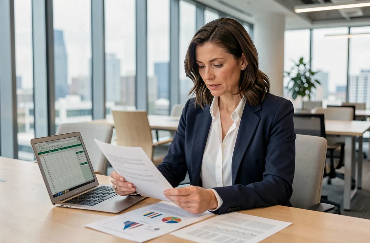 Consultante en portage salarial analysant des documents financiers sur les frais de gestion dans un bureau moderne