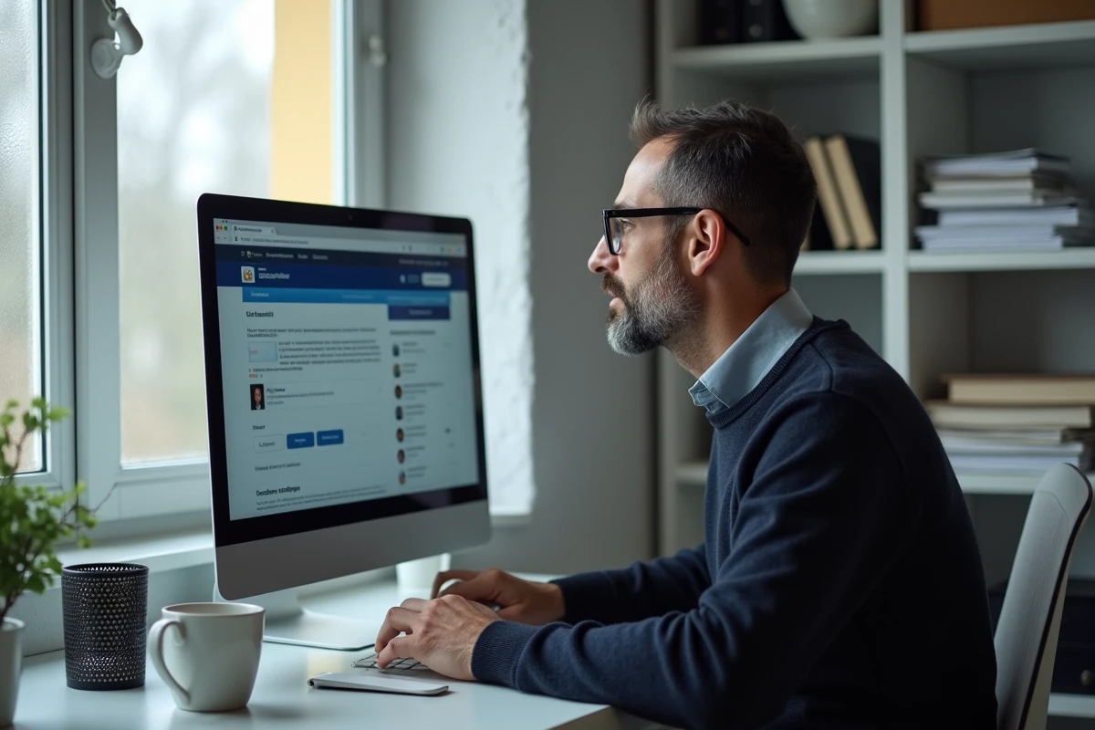 Homme indépendant consultant un annuaire SIRET sur un ordinateur de bureau à domicile