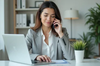 Femme au bureau essayant de contacter un service client par téléphone tout en consultant un site web sur son ordinateur portable