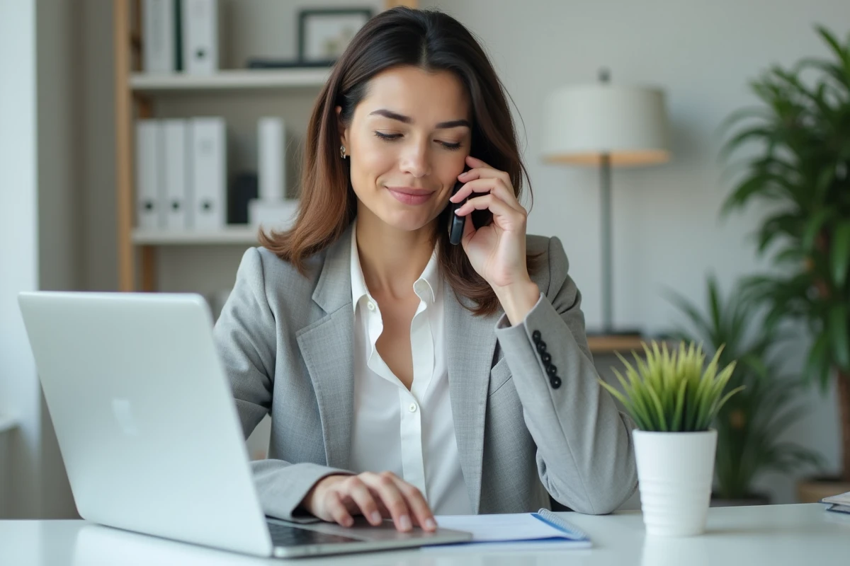Femme au bureau essayant de contacter un service client par téléphone tout en consultant un site web sur son ordinateur portable