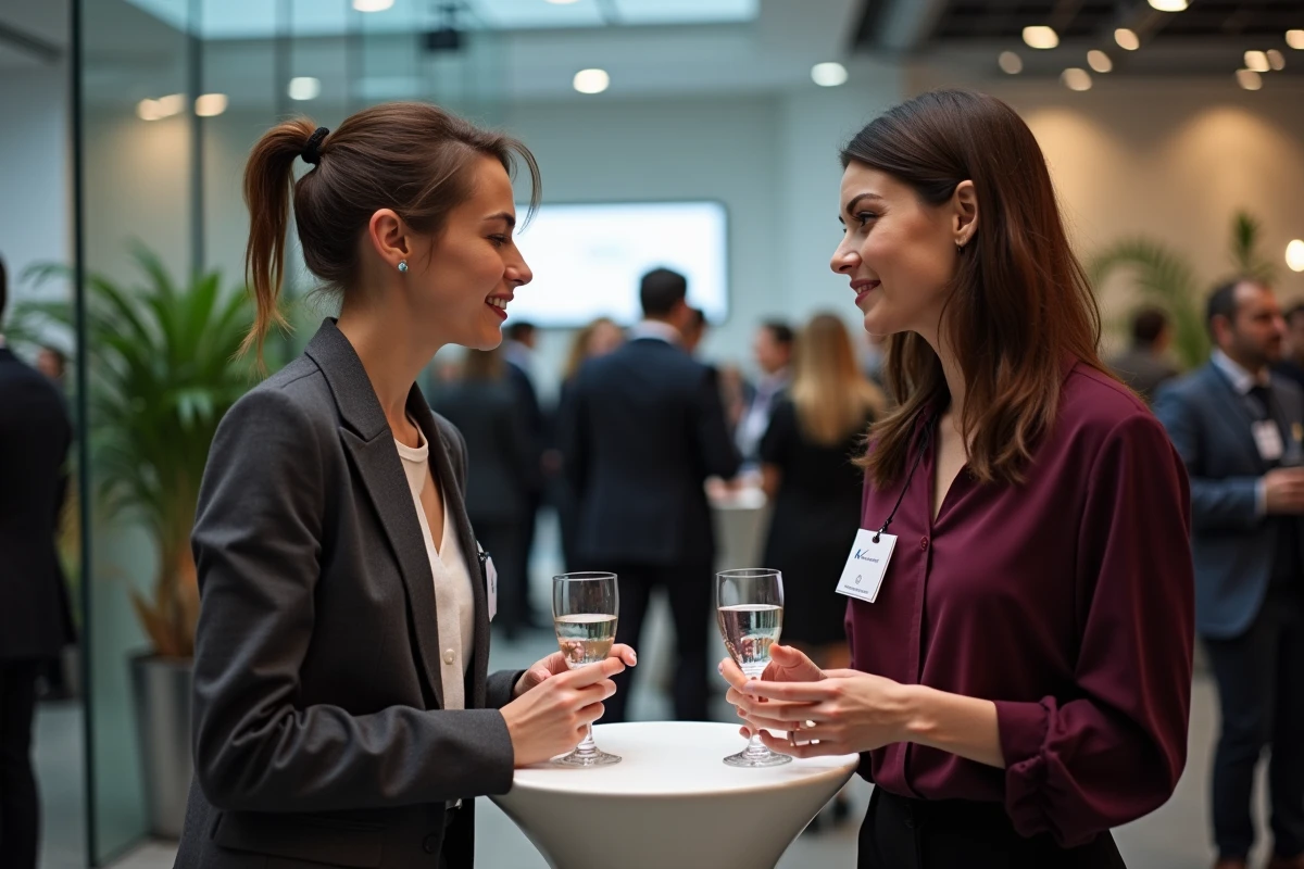 Deux femmes professionnelles engagées dans une conversation ciblée pour décrocher des rendez-vous lors d'un événement networking B2B