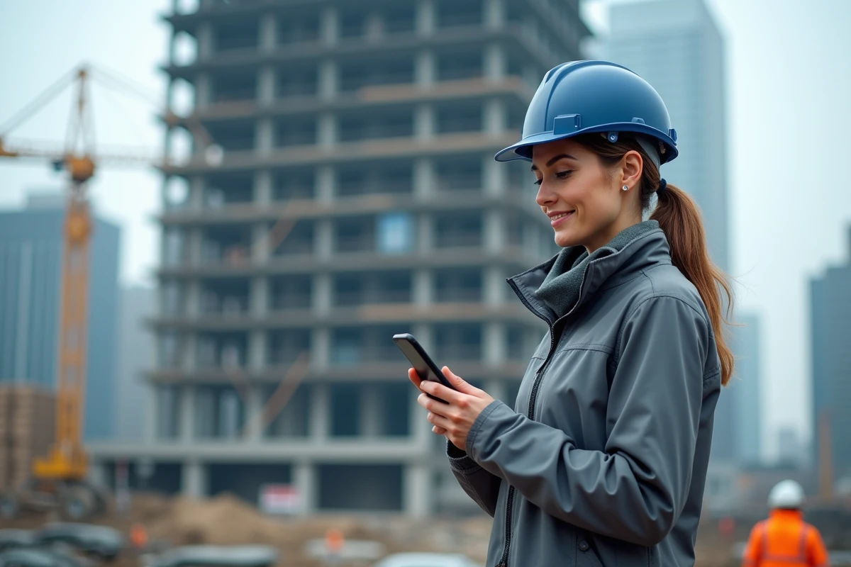 Coordinatrice de projet BTP consultant une application mobile de suivi de chantier devant une structure en acier en construction