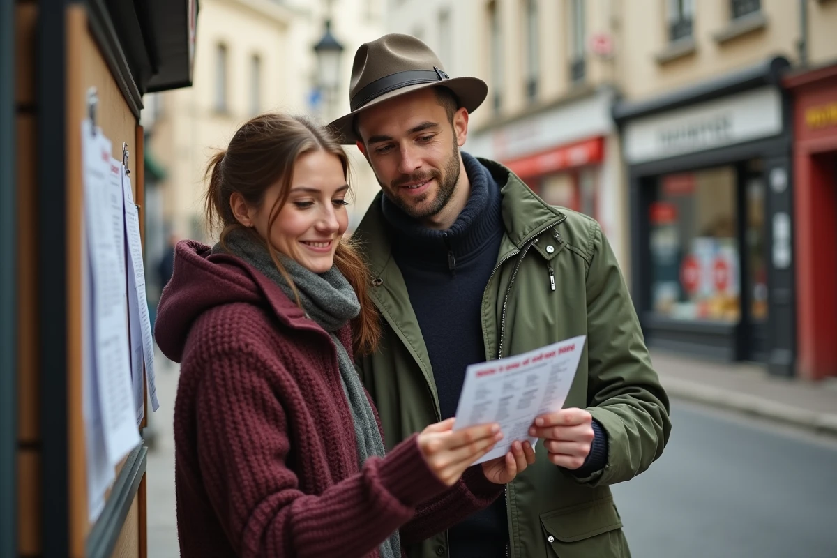 Couple consultant les horaires d'ouverture d'un magasin affichés sur un panneau d'information de quartier