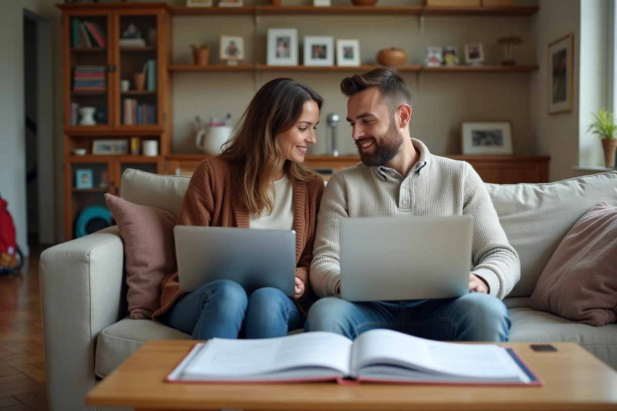 Couple de parents en télétravail planifiant ensemble leur organisation familiale et professionnelle autour d'un agenda partagé