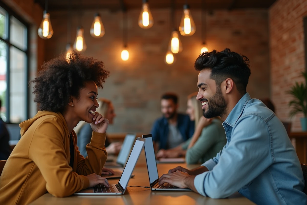 Deux jeunes adultes en télétravail dans un café coworking, débutants collaborant sur leurs ordinateurs portables pour trouver un métier à distance