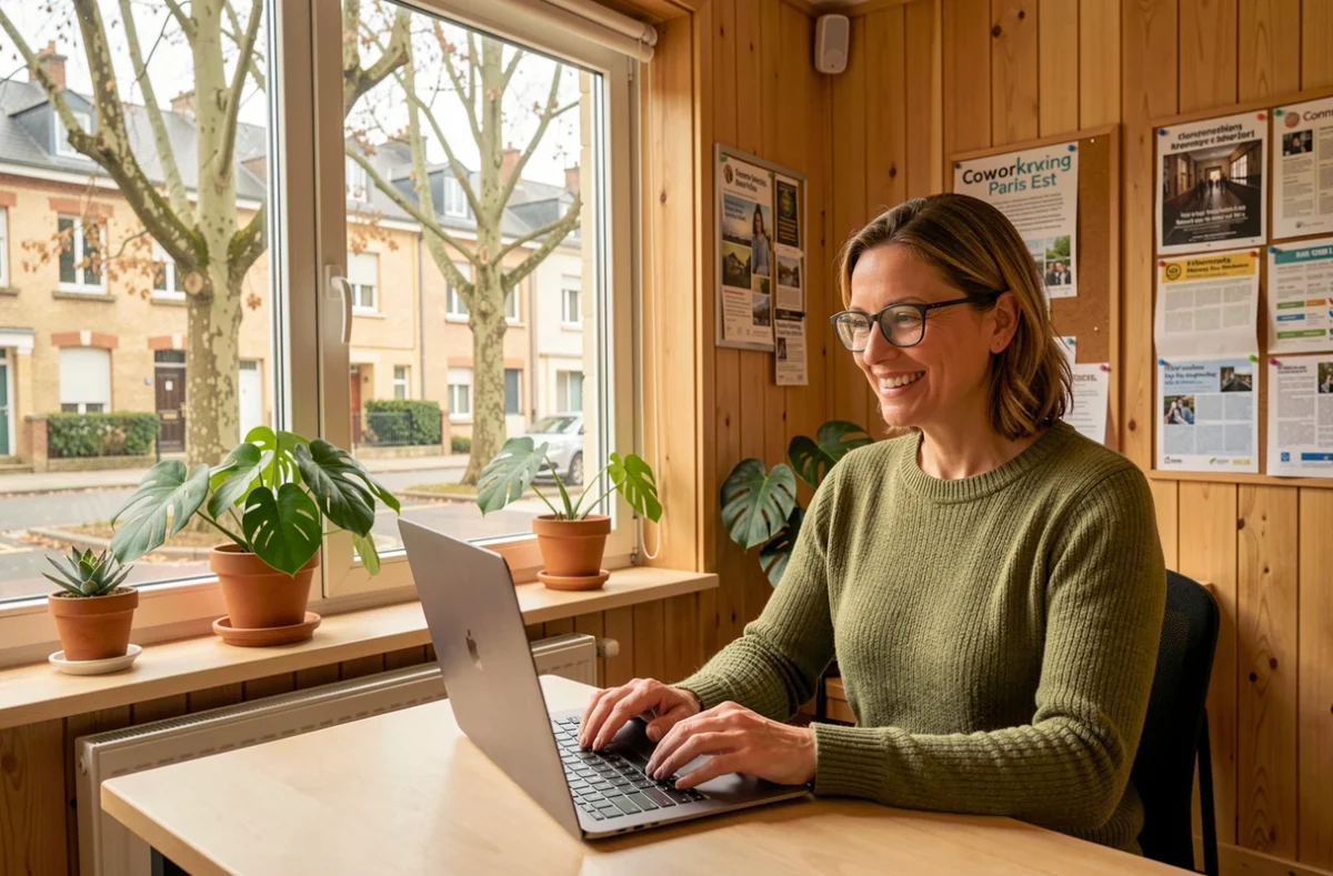Coworking Paris Est Marne et Bois à Fontenay-sous-Bois avec une professionnelle en visioconférence dans un espace de travail chaleureux et verdoyant