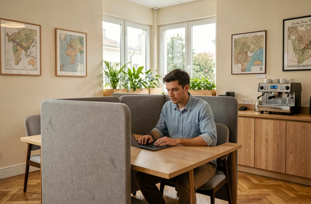 Espace de coworking Paris Est Marne et Bois à Saint-Mandé avec un jeune professionnel concentré dans un bureau individuel au design soigné