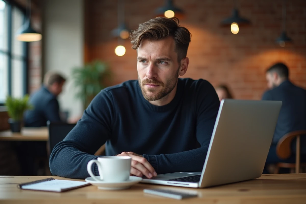 Homme en espace de coworking travaillant sur un ordinateur portable avec interface de connexion sécurisée