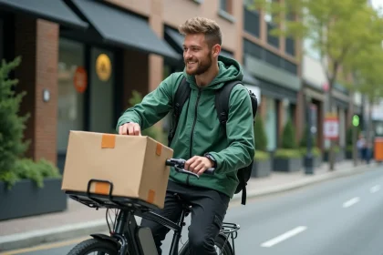 Livreur à vélo électrique dans une ville verte et moderne