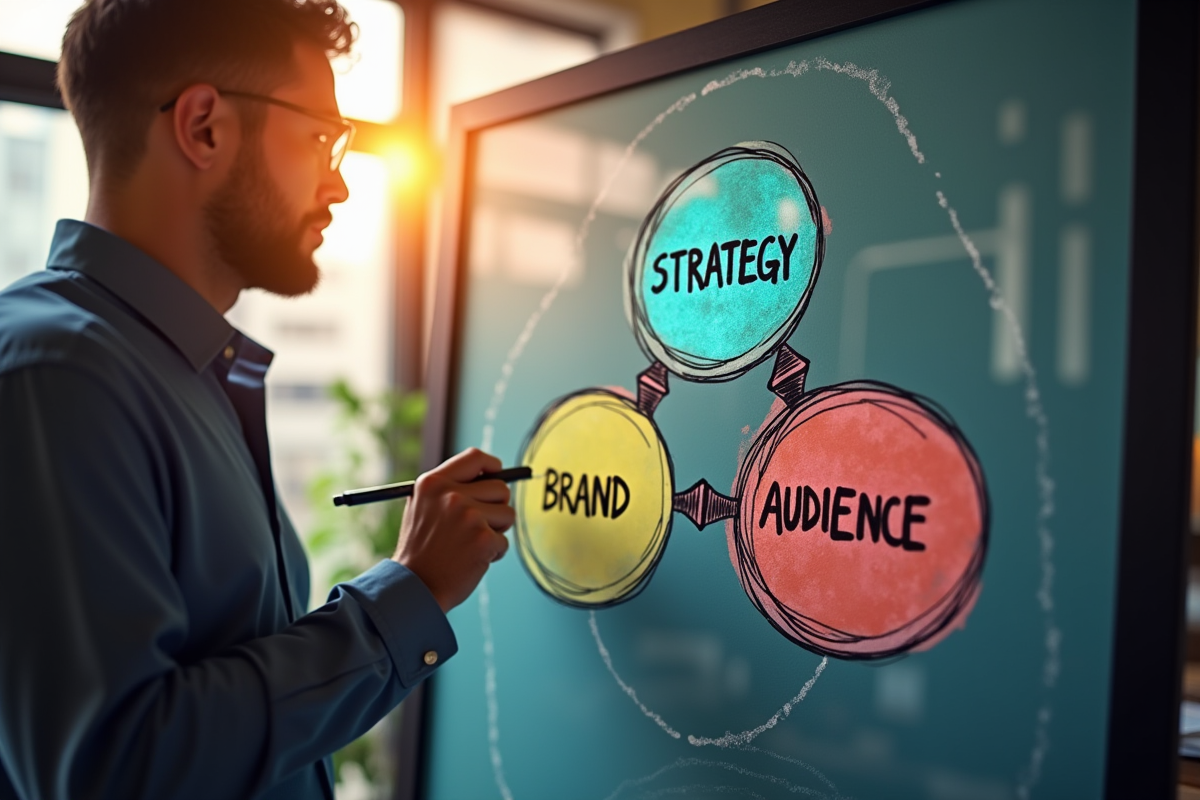 Marketeur dessinant un diagramme stratégique créatif en salle