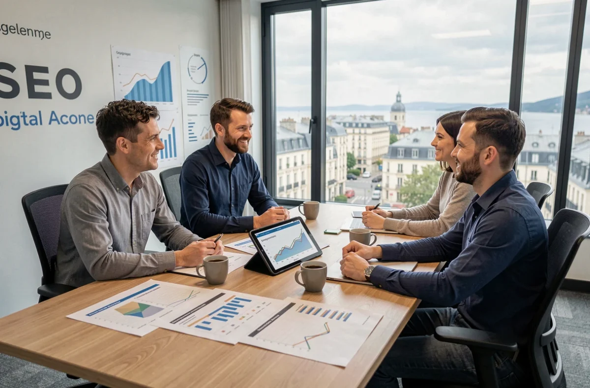 Équipe de Digimood réunie autour d'une table de conférence pour analyser des rapports SEO dans leur agence moderne