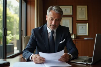 Directeur général d'hôtel de luxe en costume marine examinant des documents dans un bureau élégant, illustrant les salaires élevés des cadres en hôtellerie