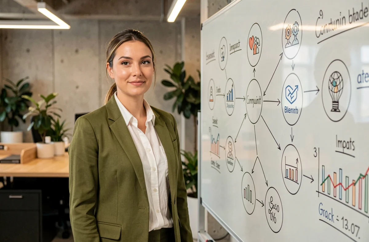 Directrice marketing présentant une stratégie d'impact consumer sur un tableau de verre dans un bureau moderne et éthique