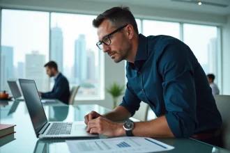Dirigeant d'entreprise analysant un tableau de seuil de rentabilité sur un ordinateur portable dans un bureau moderne