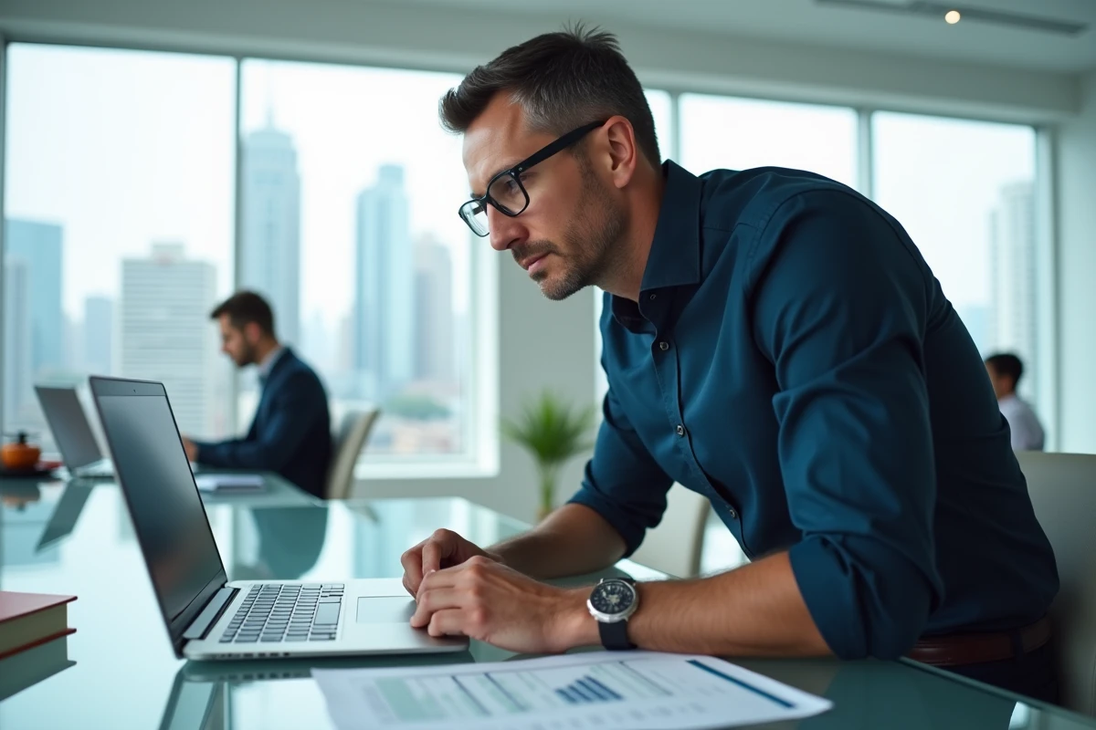 Dirigeant d'entreprise analysant un tableau de seuil de rentabilité sur un ordinateur portable dans un bureau moderne