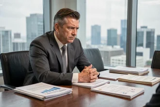 Dirigeant d'entreprise assis dans une salle de conseil entouré de documents financiers et d'enregistrements de sociétés, évoquant les structures opaques des groupes d'entreprises écrans
