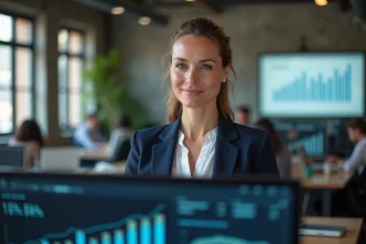 Dirigeante d'entreprise analysant des graphiques de croissance sur un écran dans un bureau moderne pour accompagner une expansion rapide
