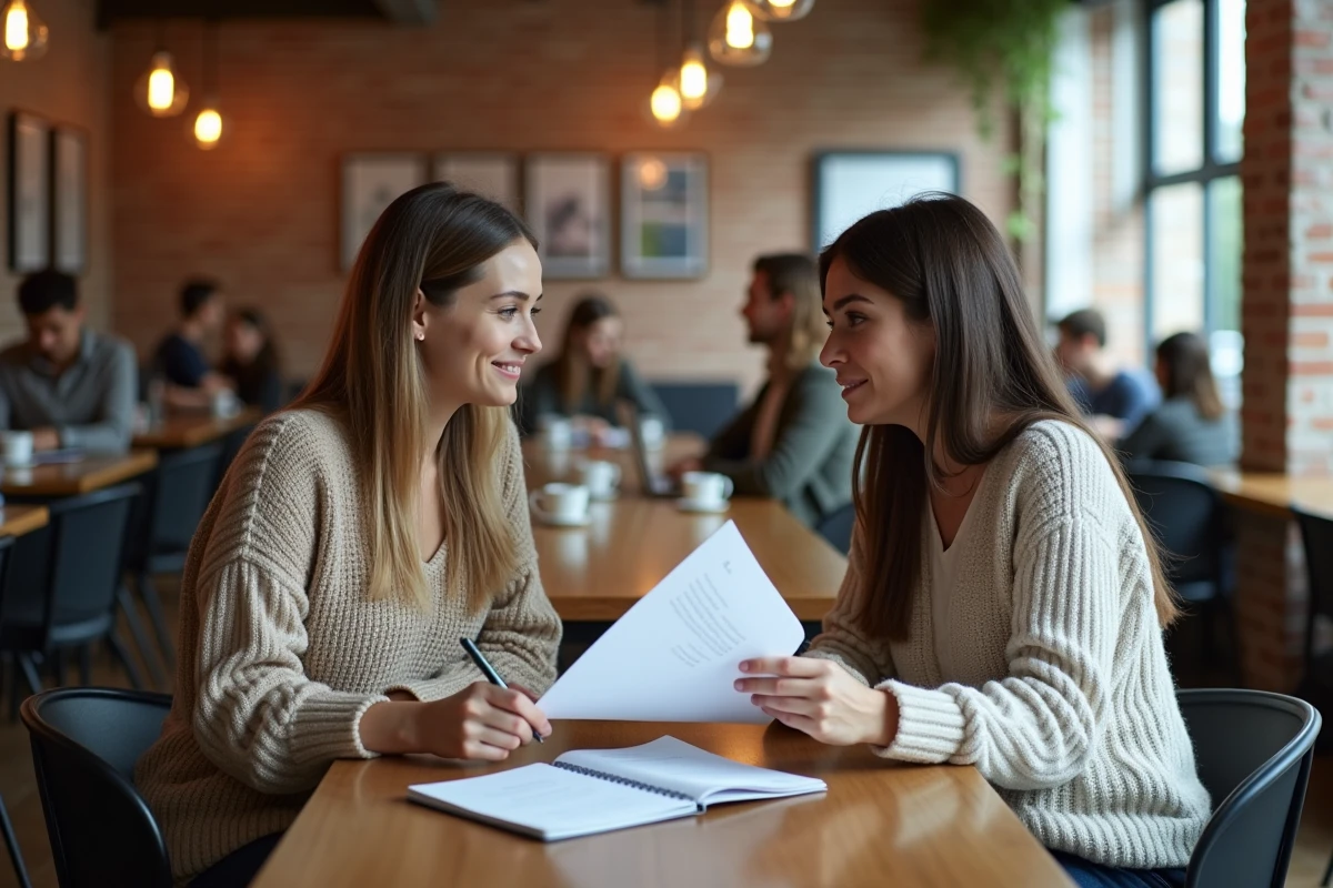Deux membres d'une association en train de discuter des modifications à apporter aux statuts dans un espace de coworking