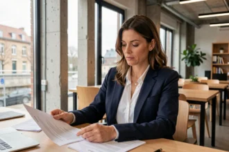 Femme entrepreneur consultant des documents de domiciliation d'entreprise dans un espace de coworking moderne à Nantes