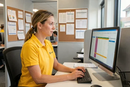 Employée de La Poste en uniforme jaune consultant son planning sur ordinateur dans un bureau professionnel