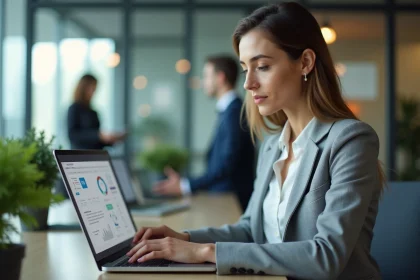 Une employée consulte le portail RH Alis BNP Paribas sur son ordinateur portable dans un bureau moderne