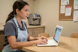Employée boulangerie Marie Blachère consultant l'intranet salarié sur un ordinateur portable en salle de pause