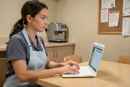 Employée boulangerie Marie Blachère consultant l'intranet salarié sur un ordinateur portable en salle de pause