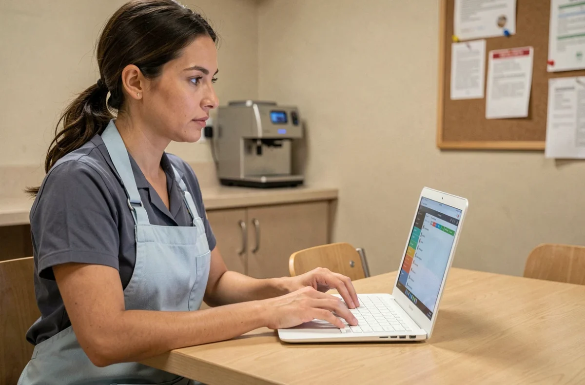 Employée boulangerie Marie Blachère consultant l'intranet salarié sur un ordinateur portable en salle de pause