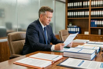 Régulateur financier examinant des documents officiels lors d'une enquête sur une société sous surveillance des autorités en 2026