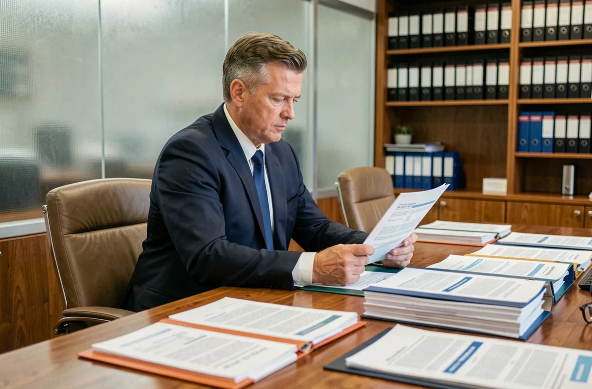 Régulateur financier examinant des documents officiels lors d'une enquête sur une société sous surveillance des autorités en 2026