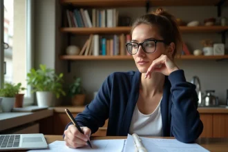 Enseignante organisant son budget mensuel autour du calendrier de paye de l'Éducation nationale 2026 à sa table de cuisine